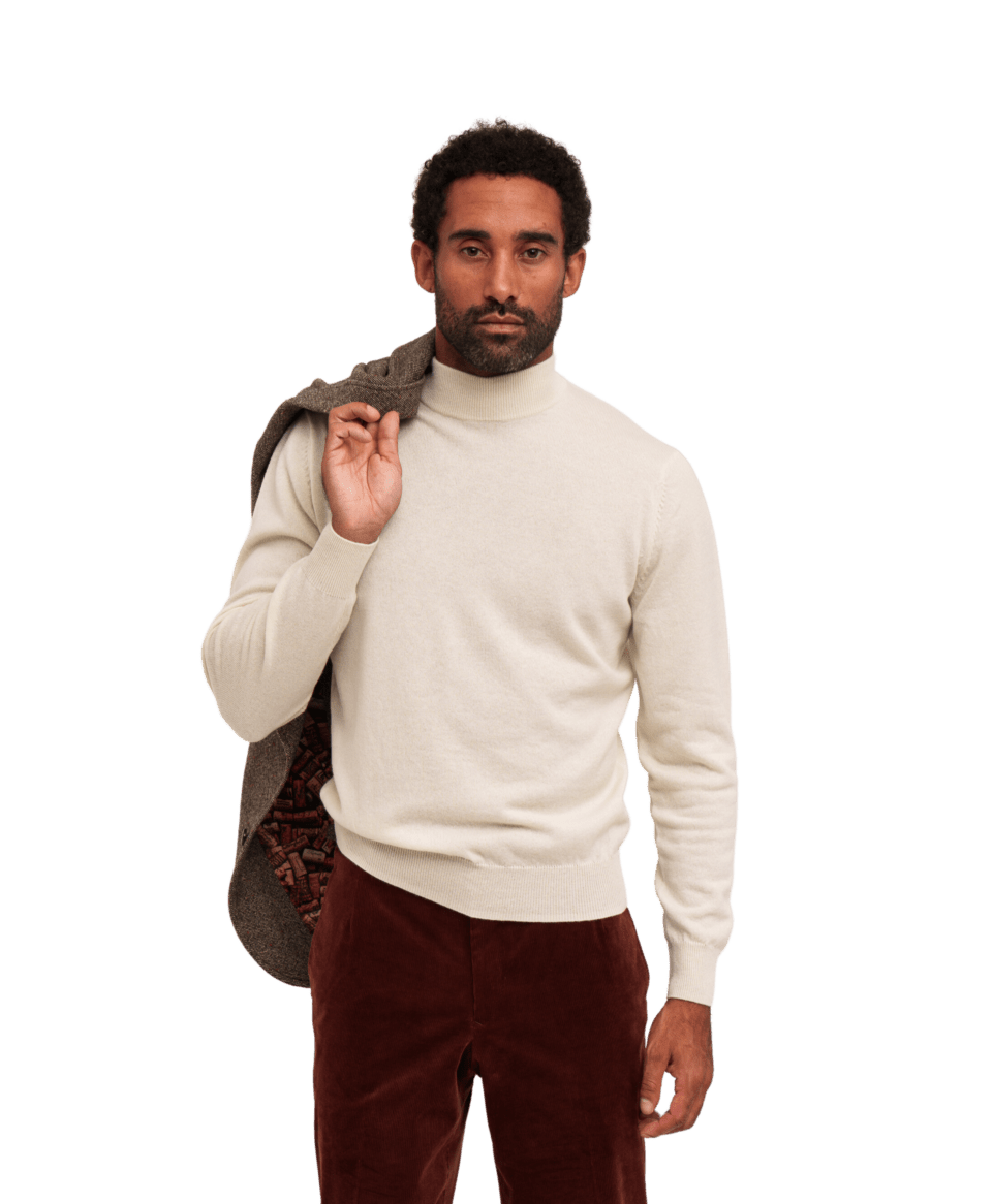 Calico Cashmere Turtle Neck styled with velvet pants and a draped herringbone jacket