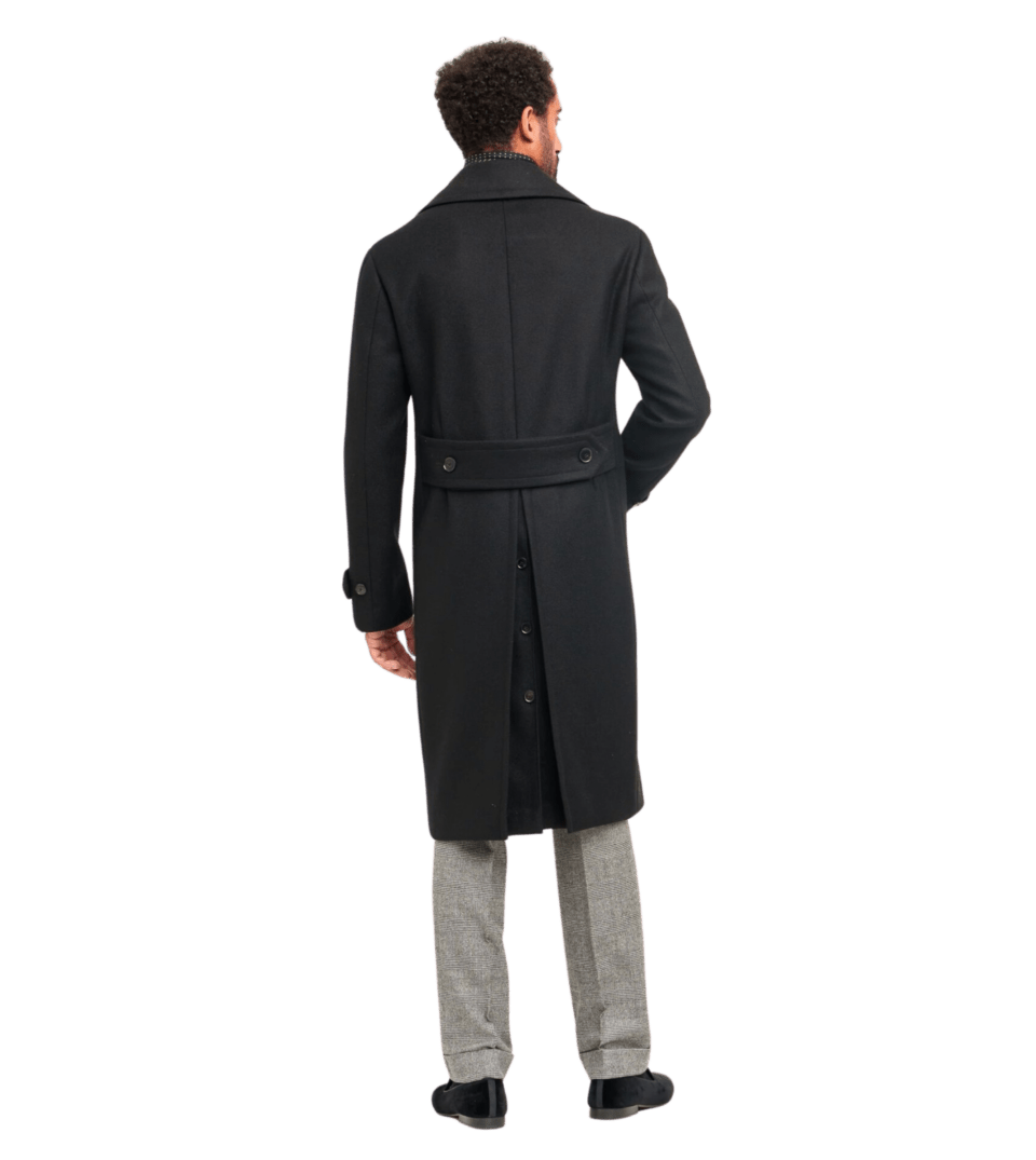 Michael Andrews Custom Double Breasted Black Wool Great Coat - Back View