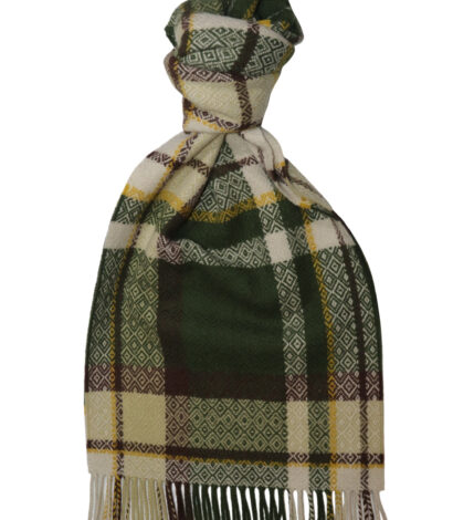 (product) Green x Brown Diamond Check Lambswool Scarf, knotted