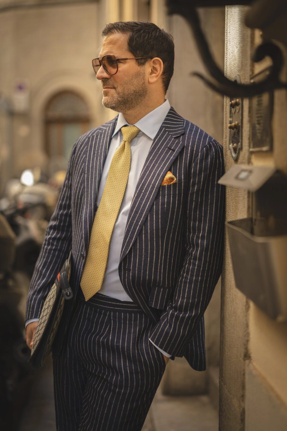 Denim Blue Chalk Stripe Suit with Silk Knots
