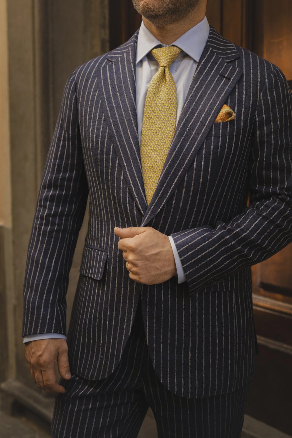 michael-andrews-blue-pinstripe-suit-large-square-3 - Denim Blue Chalk Stripe Suit with Silk Knots - custom suits nyc bespoke tailor