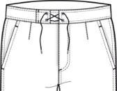 Technical drawing of swim shorts featuring a string-tie waist
