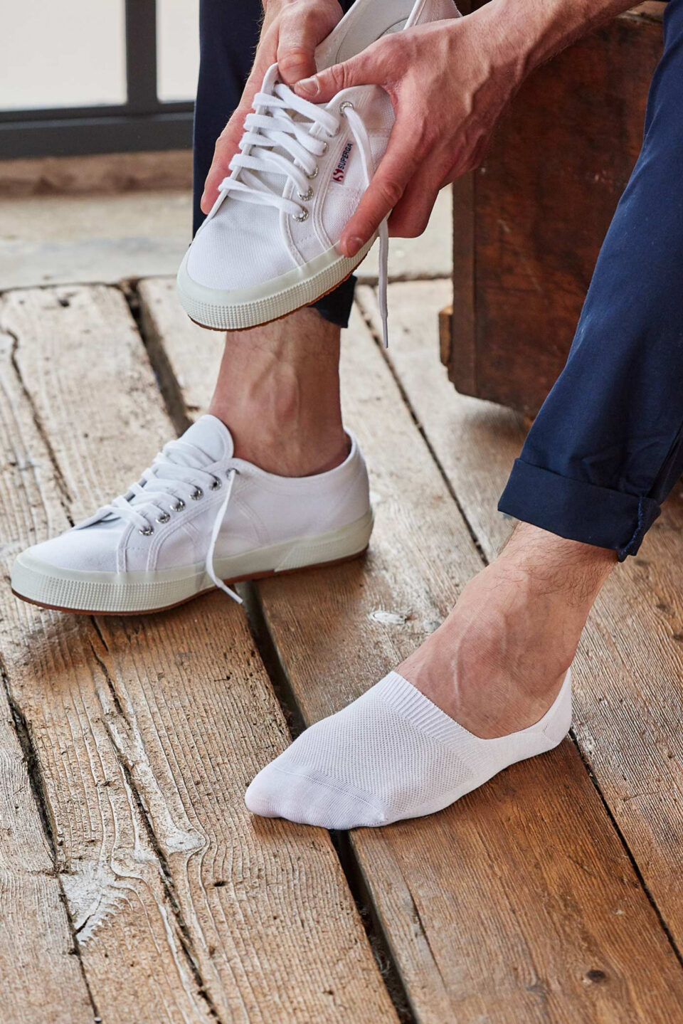 (product) Pantherella Mahon Wool No-Show Socks - Light Khaki, styled with white sneakers and tailored navy trousers - custom suits nyc bespoke tailor midtown, noho