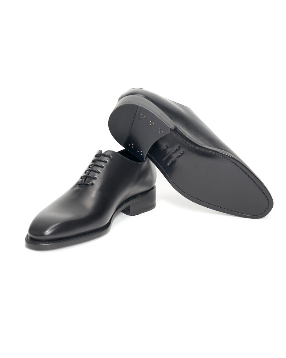 (product) Black Box Calf Whole Cut Lace-Up, Angled pair view - custom suits nyc bespoke tailor midtown, noho