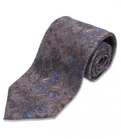 (product) Grey with Blue & Brown Floral Silk Necktie, Rolled - custom suits nyc bespoke tailor midtown, noho