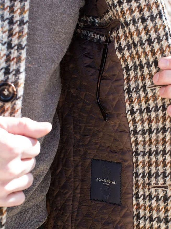 (product) Houndstooth Balmacaan Coat, interior detail - custom suits nyc bespoke tailor midtown, noho