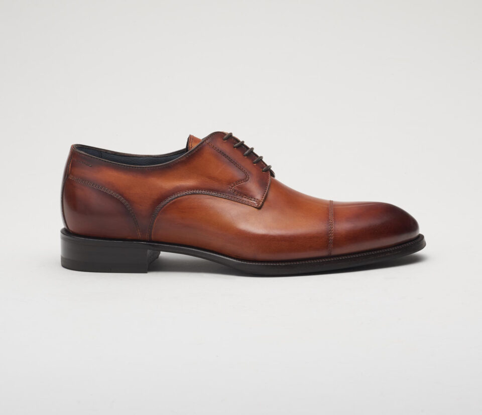 (product) Bergamo Oxford in Burnished Marmo Brown, Single shoe side view - custom suits nyc bespoke tailor midtown, noho