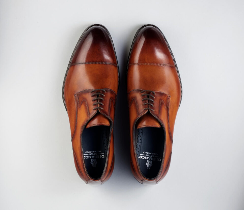 (product) Bergamo Oxford in Burnished Marmo Brown, Top view of the pair - custom suits nyc bespoke tailor midtown, noho