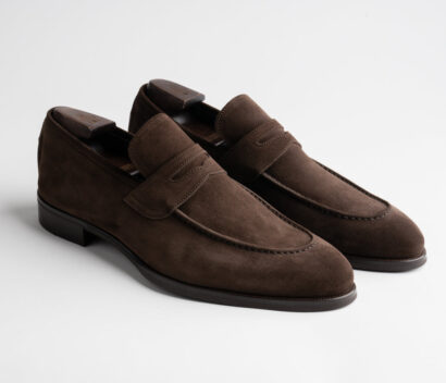(product) Brera Mogano Suede Loafer, Angled pair view - custom suits nyc bespoke tailor midtown, noho