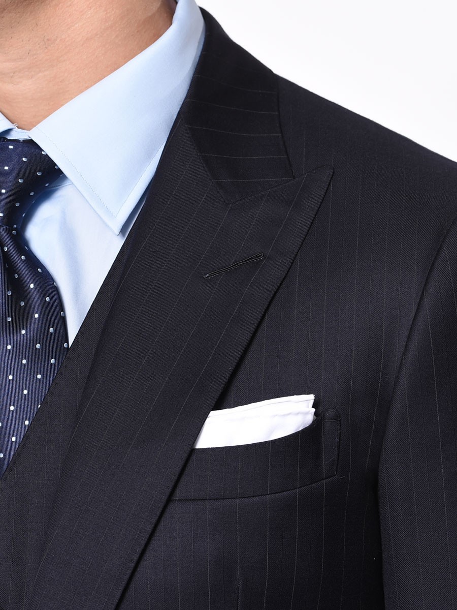 (product) Navy Pinstripe Bespoke Suit, lapel detail - custom suits nyc bespoke tailor midtown, noho