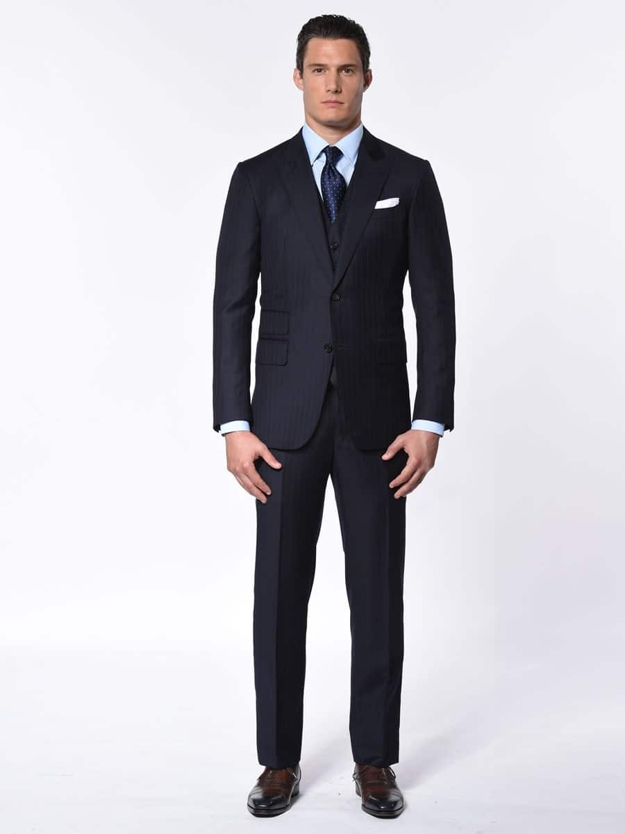 (product) Navy Pinstripe Bespoke Suit, full front view - custom suits nyc bespoke tailor midtown, noho