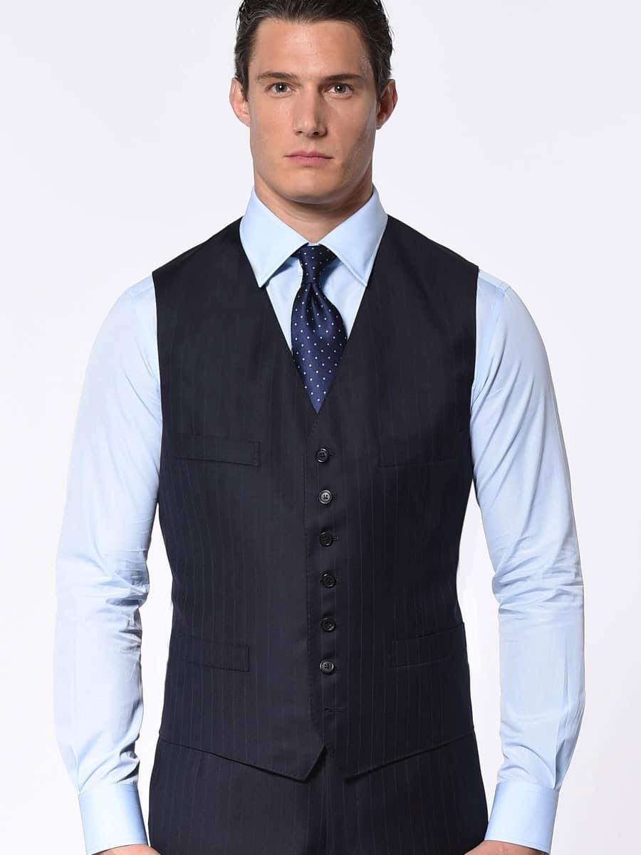 (product) Navy Subtle Stripe Classic 7-Button Waistcoat - custom suits nyc bespoke tailor midtown, noho