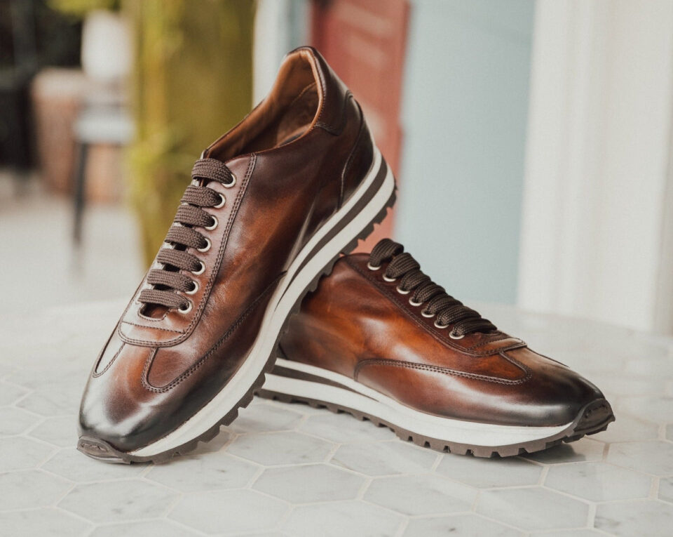 (product) Trieste Brown Leather Dress Sneakers, Front view of the pair - custom suits nyc bespoke tailor midtown, noho