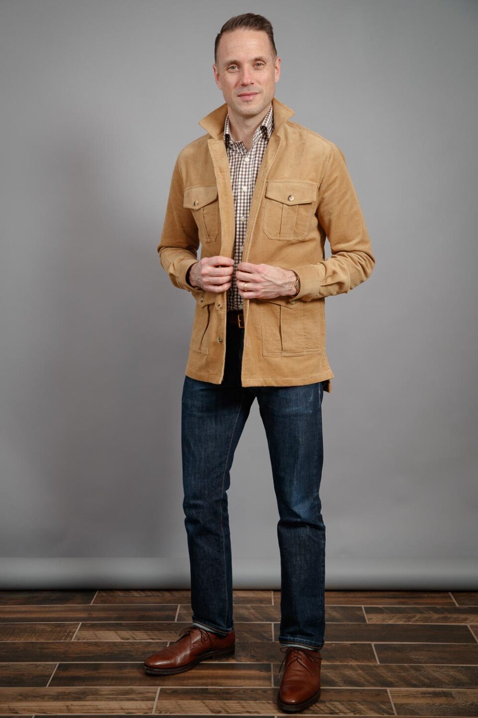 (product) Light Brown Stretch Corduroy Safari Shirt Jacket - custom suits nyc bespoke tailor midtown, noho