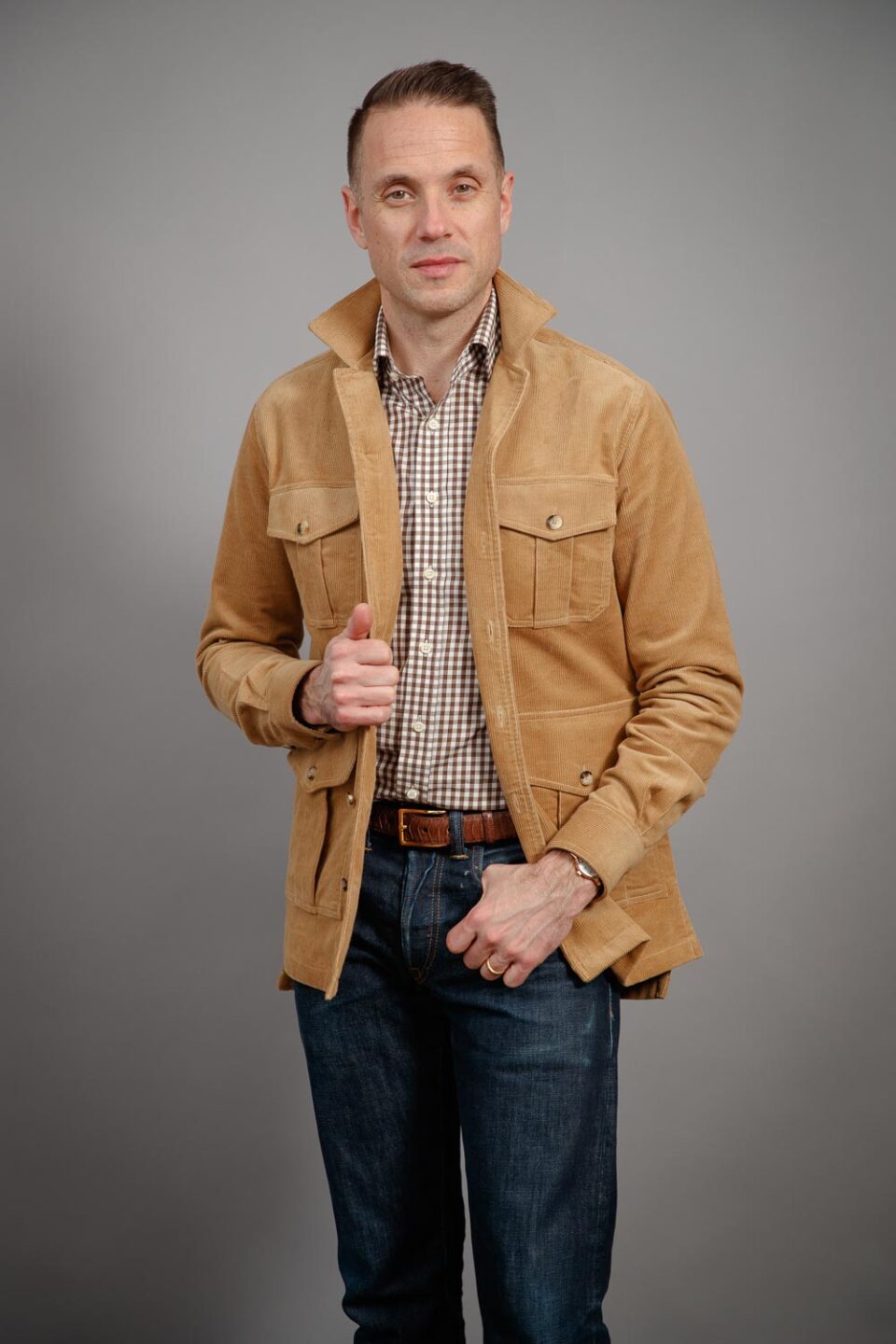 (product) Light Brown Stretch Corduroy Safari Shirt Jacket - custom suits nyc bespoke tailor midtown, noho