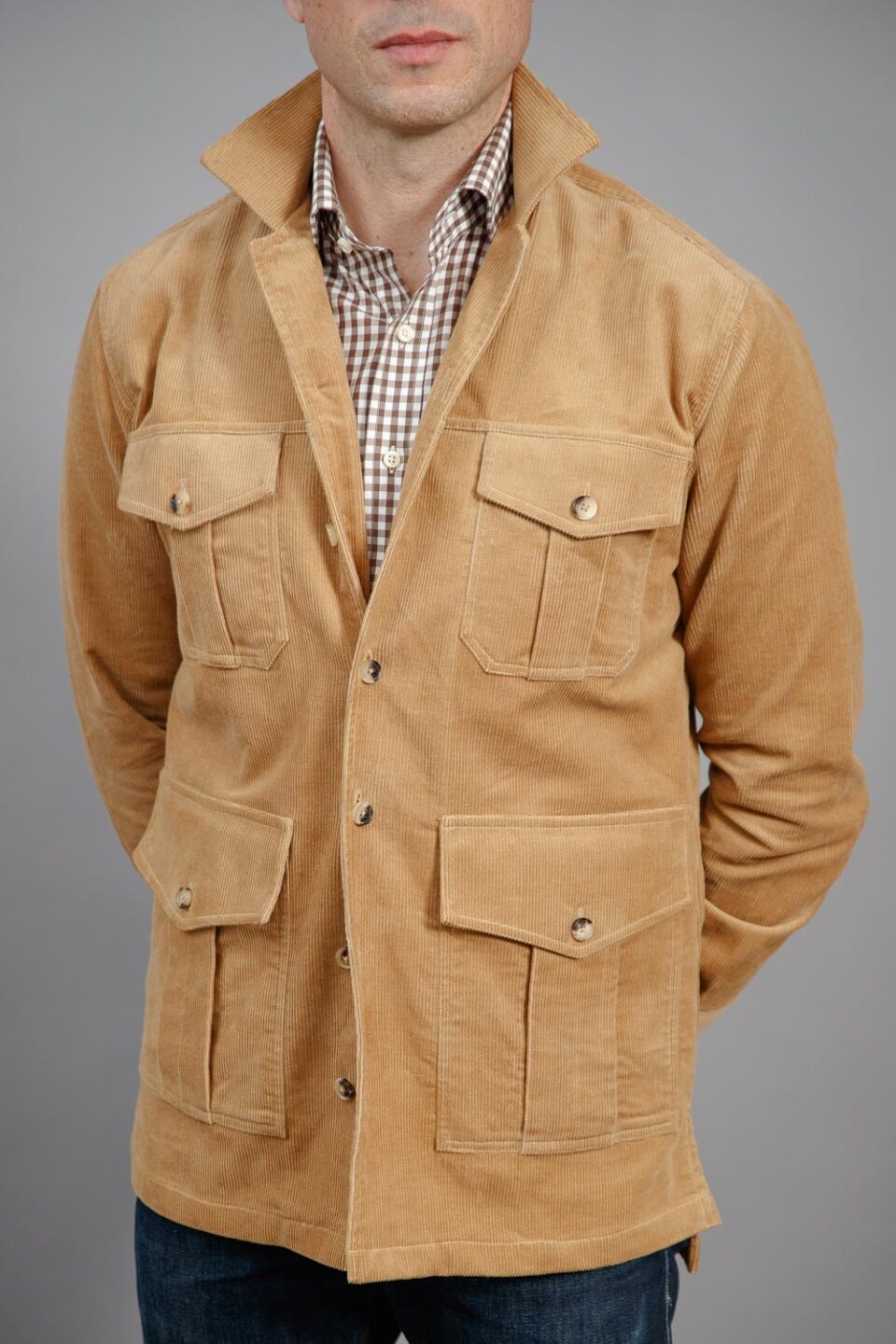 (product) Light Brown Stretch Corduroy Safari Shirt Jacket - custom suits nyc bespoke tailor midtown, noho