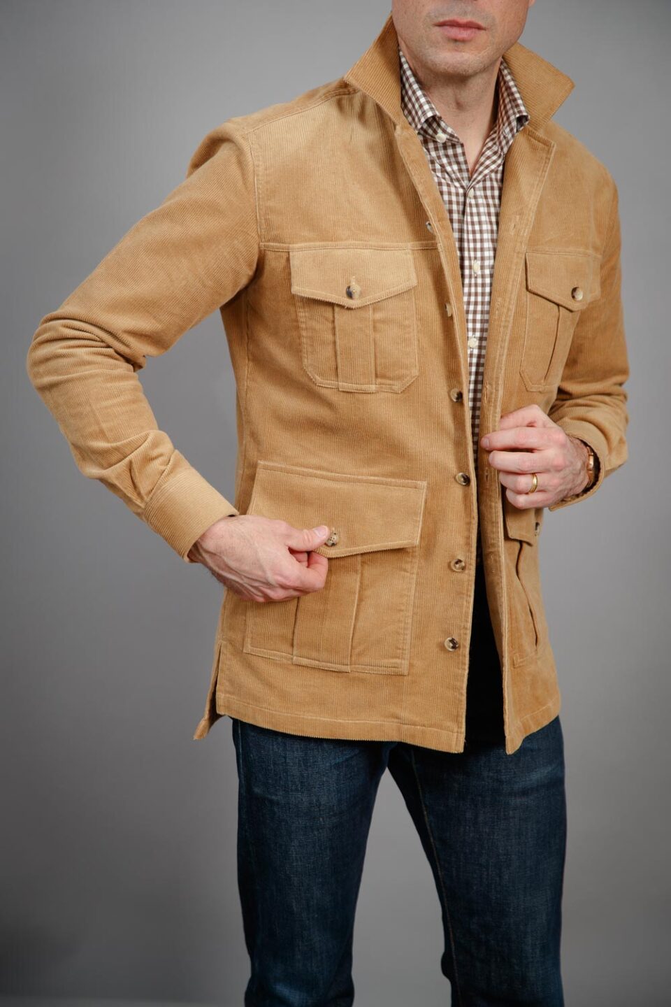(product) Light Brown Stretch Corduroy Safari Shirt Jacket - custom suits nyc bespoke tailor midtown, noho
