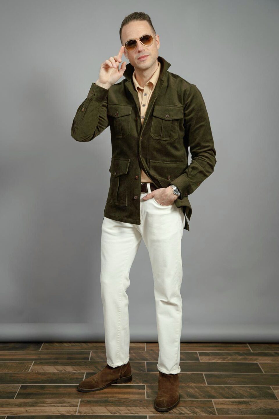 (product) Hunter Green Stretch Corduroy Safari Shirt Jacket - custom suits nyc bespoke tailor midtown, noho
