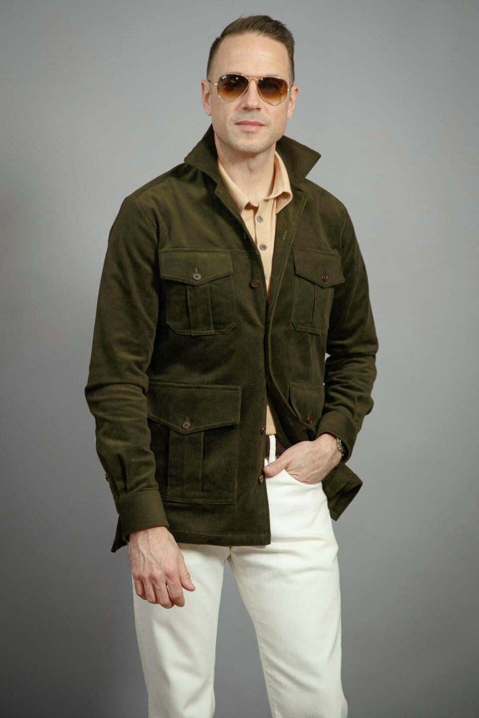 (product) Hunter Green Stretch Corduroy Safari Shirt Jacket - custom suits nyc bespoke tailor midtown, noho