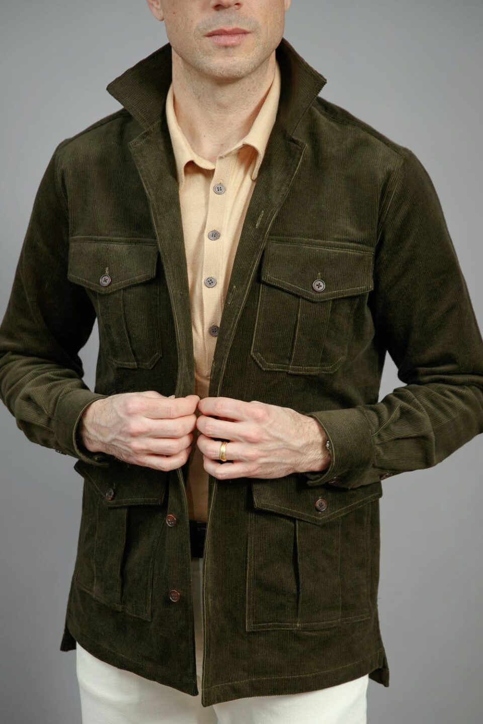 (product) Hunter Green Stretch Corduroy Safari Shirt Jacket - custom suits nyc bespoke tailor midtown, noho