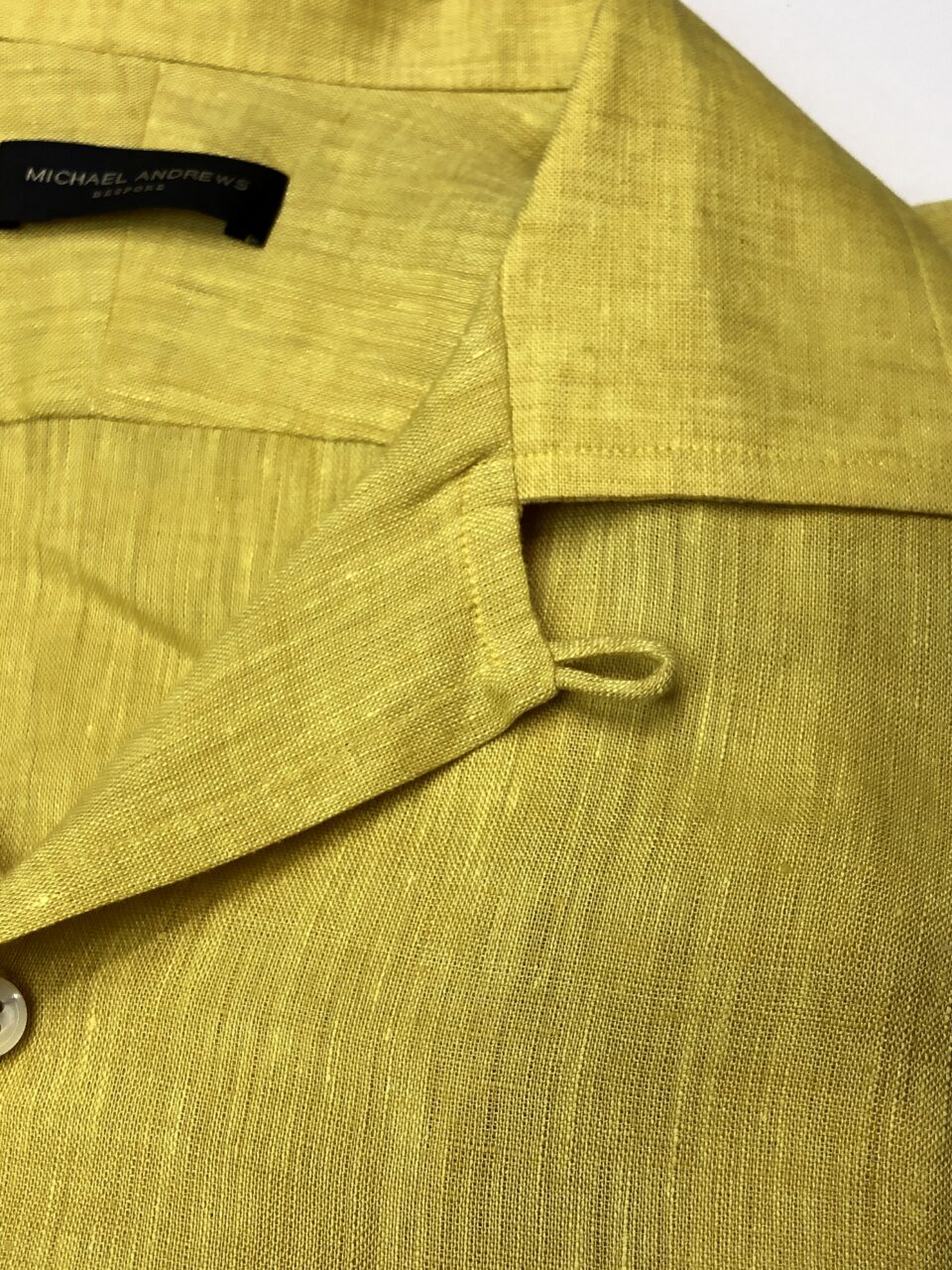 (product) Mustard Yellow Linen Long Sleeve Camp Shirt, collar detail - custom suits nyc bespoke tailor midtown, noho