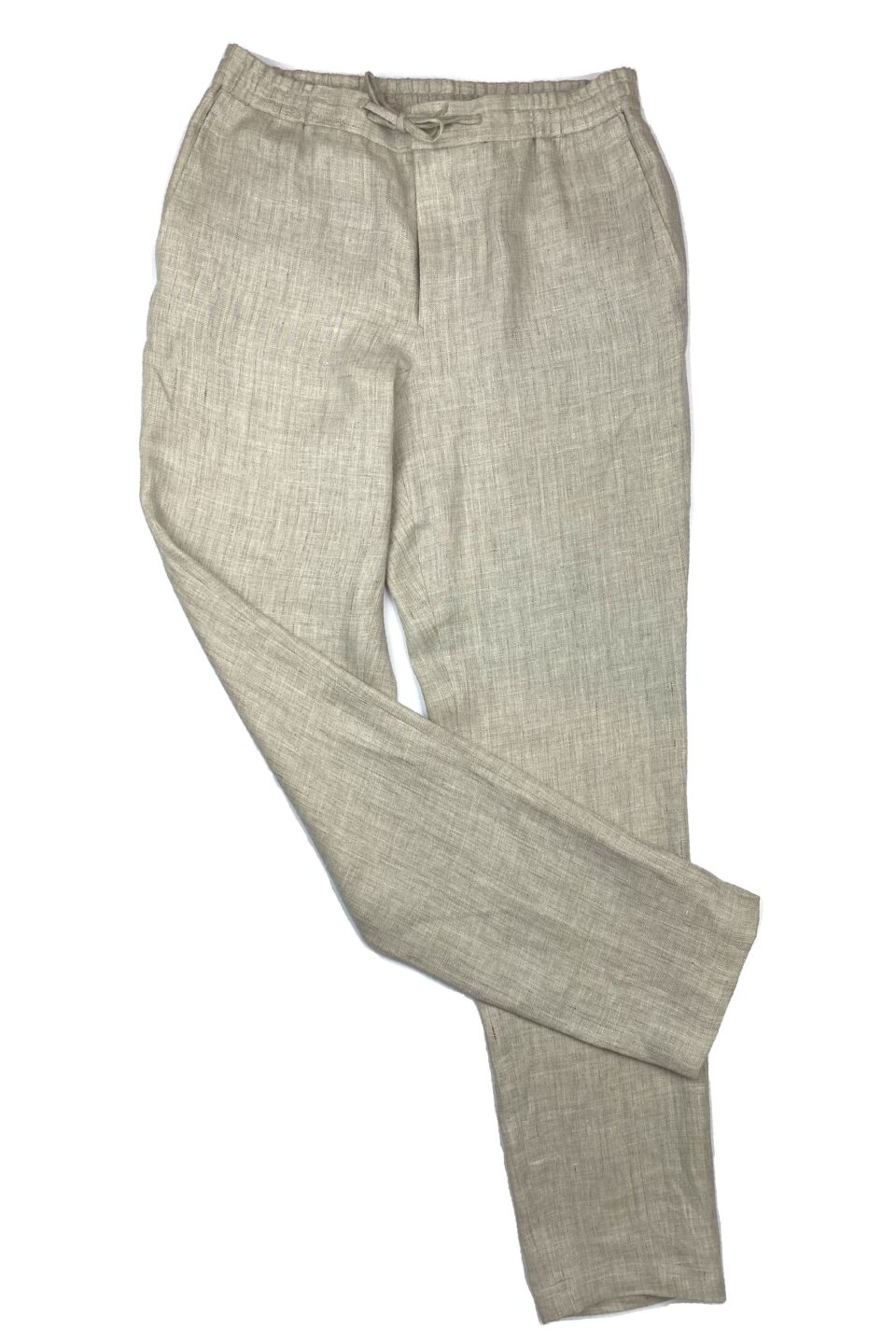 (product) Tan Linen Elastic Waist Pants, displayed flat for detail - custom suits nyc bespoke tailor midtown, noho