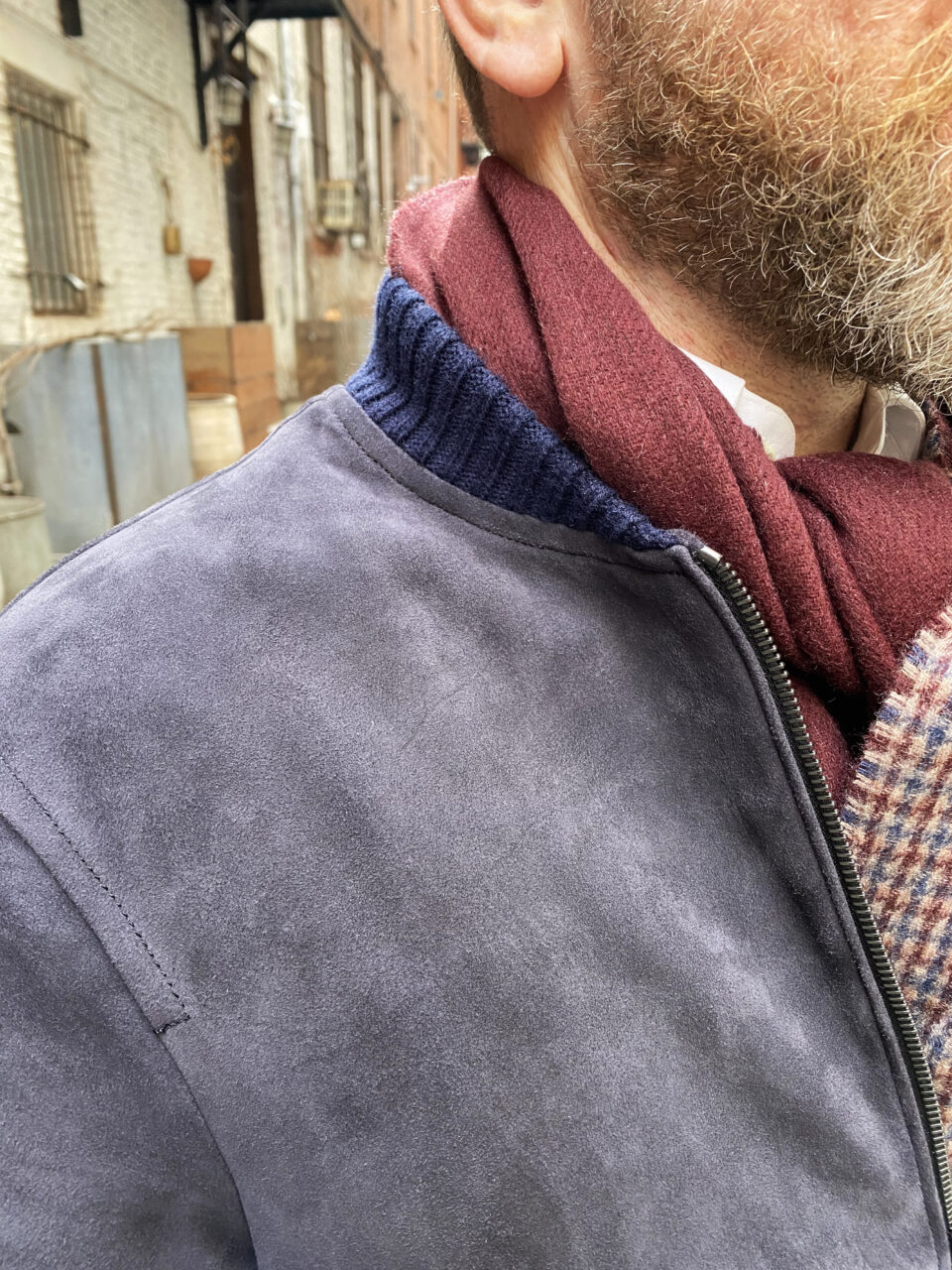 (product) Navy Lamb Suede Bomber - custom suits nyc bespoke tailor midtown, noho