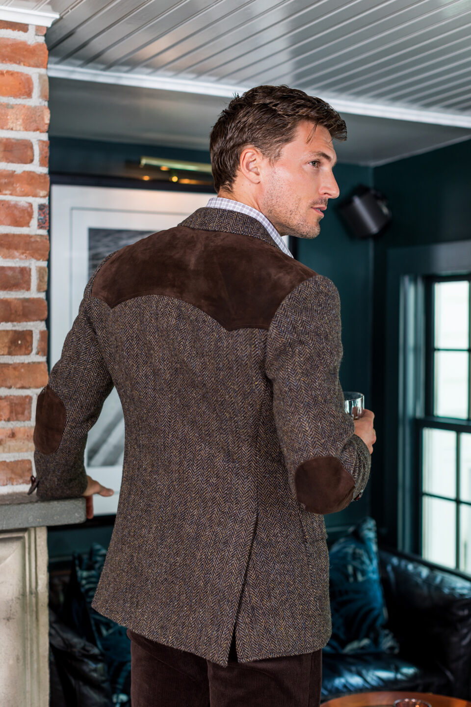 (product) Brown Herringbone Western Jacket, side profile view - custom suits nyc bespoke tailor midtown, noho