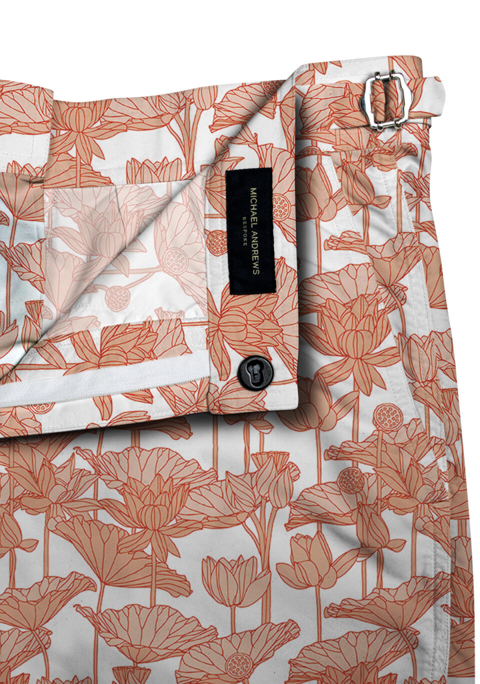 (product) White with Orange Flowers Swim Shorts, close-up view - custom suits nyc bespoke tailor midtown, noho