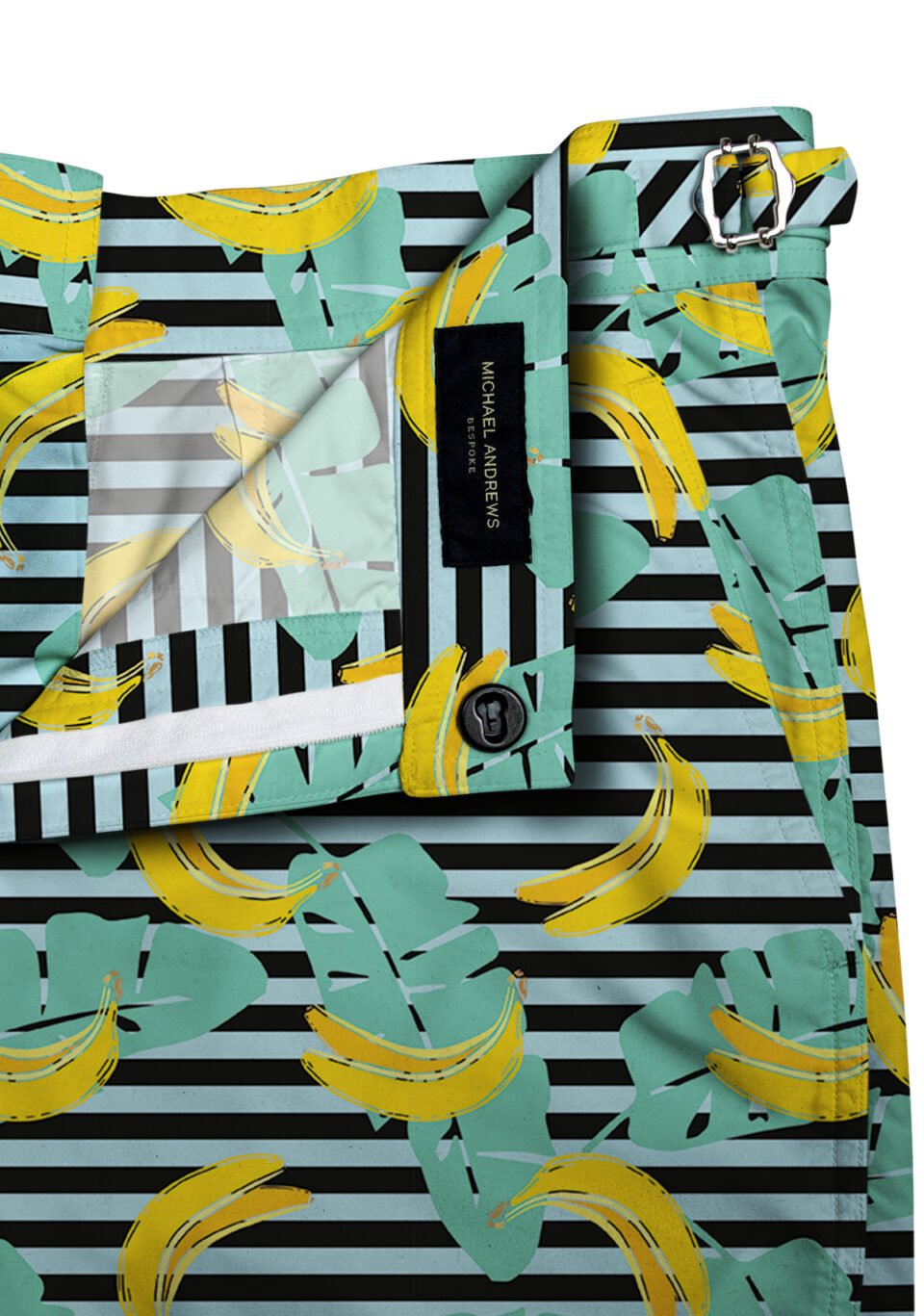 (product) Banana Pop Art Swim Shorts, close-up view - custom suits nyc bespoke tailor midtown, noho