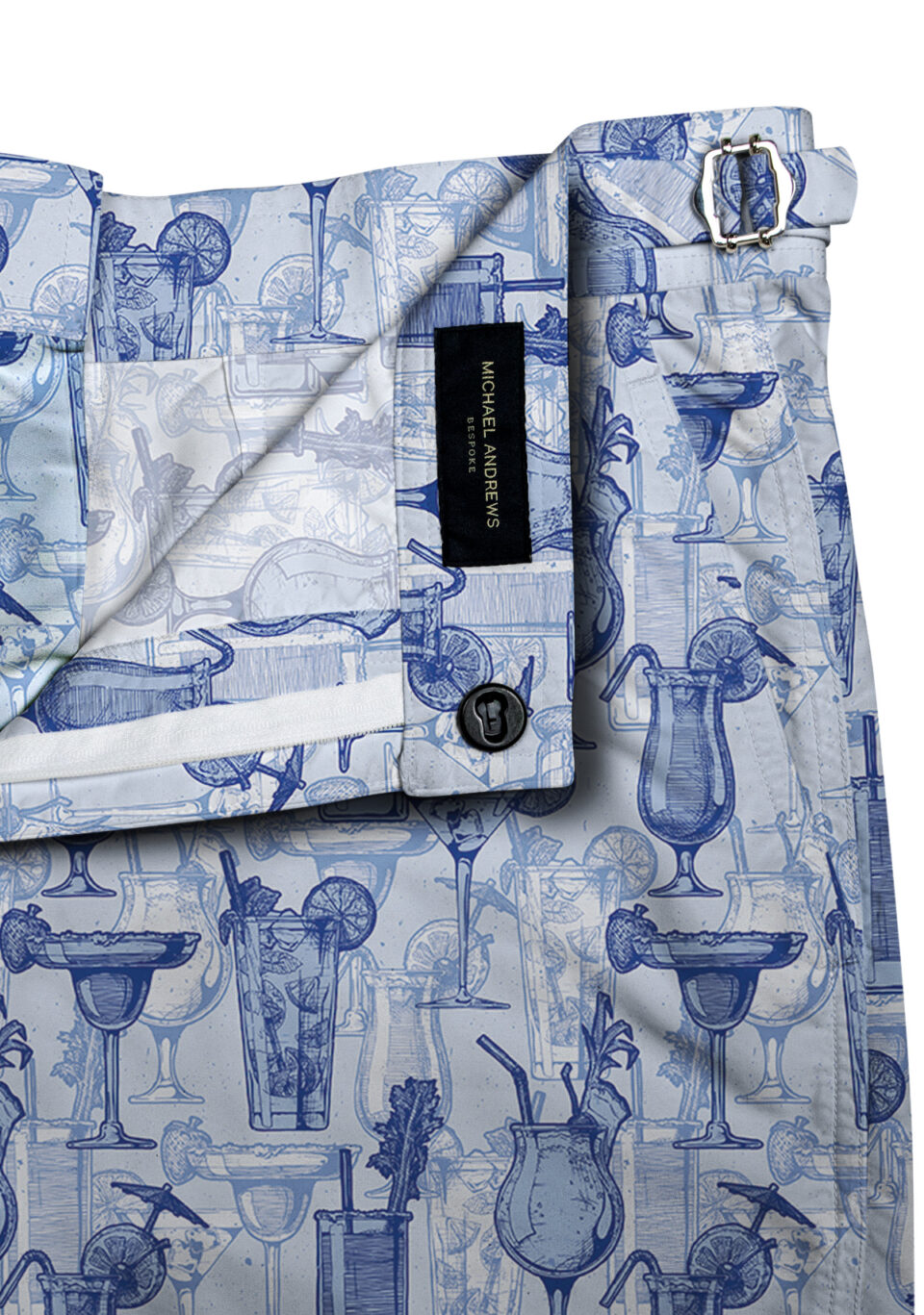 (product) Cocktail Hour Swim Shorts, close-up view - custom suits nyc bespoke tailor midtown, noho