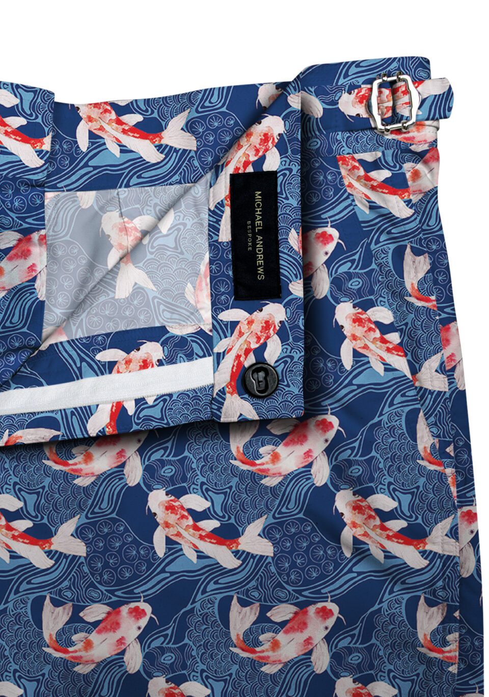 (product) Blue & Red Koi Fish Swim Shorts, close-up view - custom suits nyc bespoke tailor midtown, noho