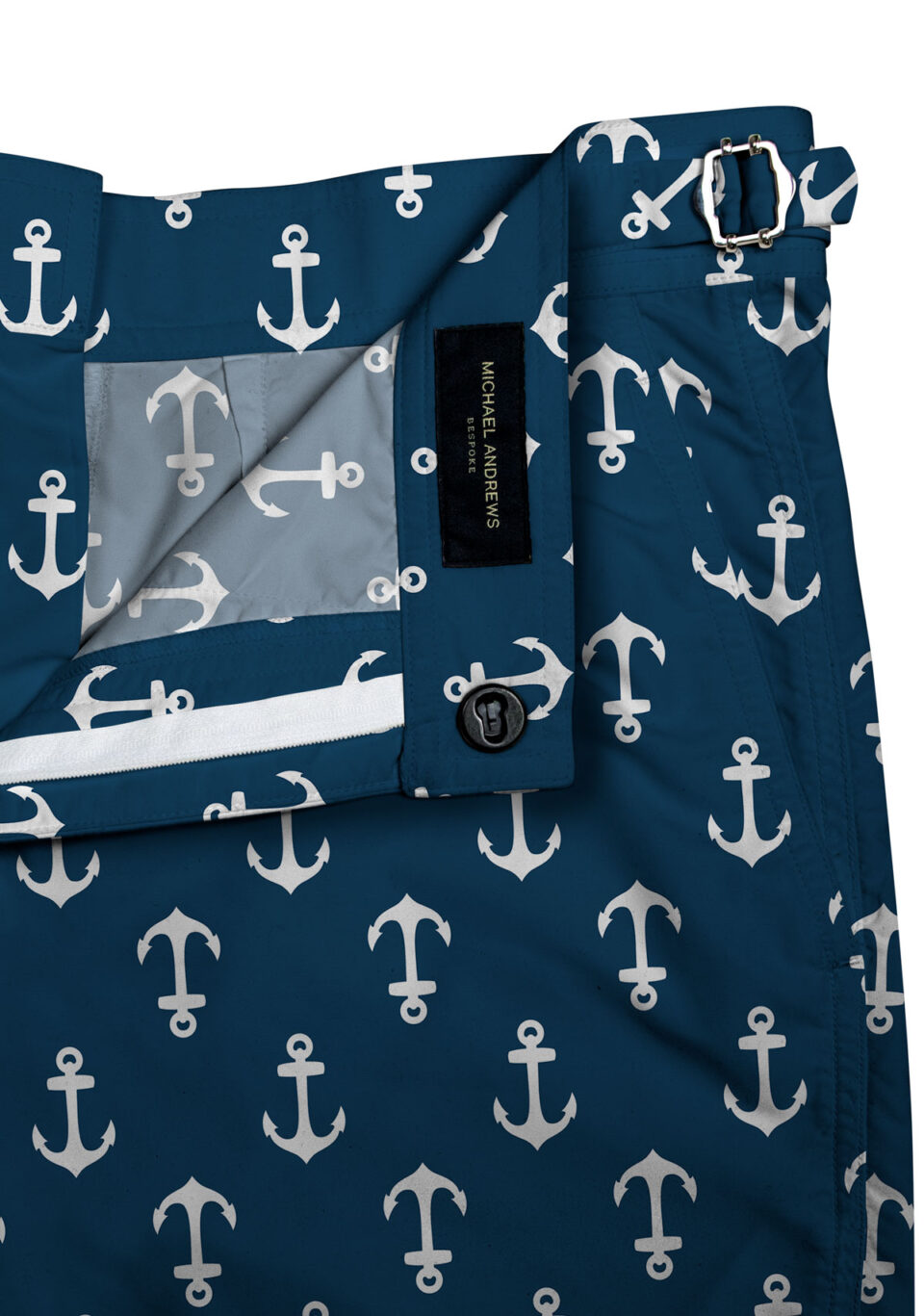 (product) Navy/White Anchors Swim Shorts, close-up with inner lining detail - custom suits nyc bespoke tailor midtown, noho