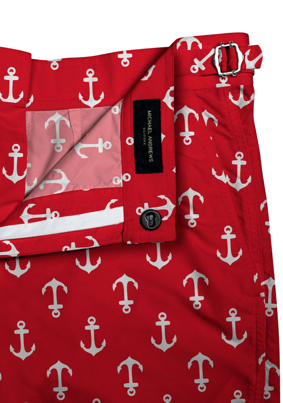 (product) Red/White Anchors Swim Shorts, close-up view showcasing lining and adjustable side tabs - custom suits nyc bespoke tailor midtown, noho