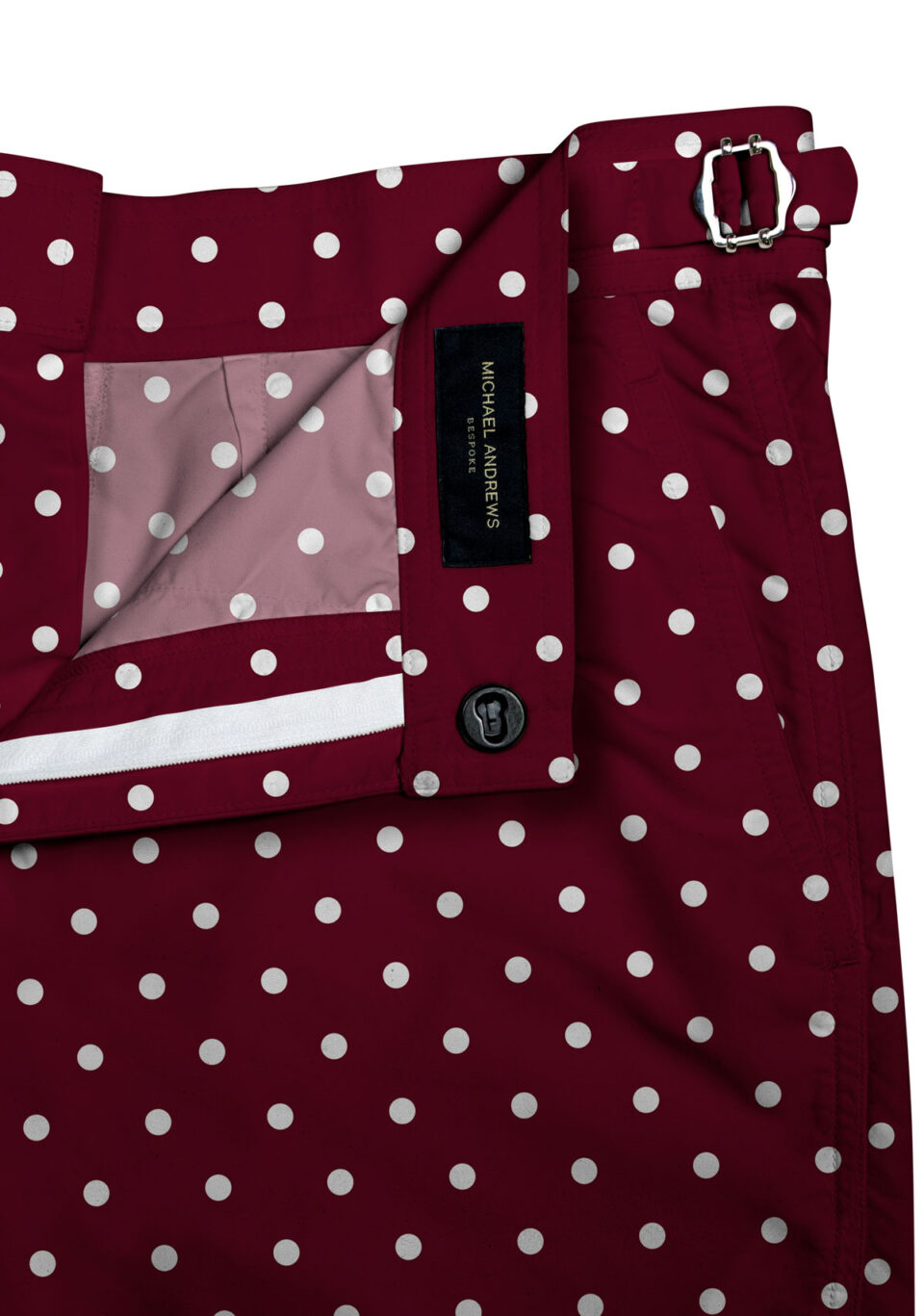 (product) Red/White Polka Dots Swim Shorts, close-up with inner lining detail - custom suits nyc bespoke tailor midtown, noho