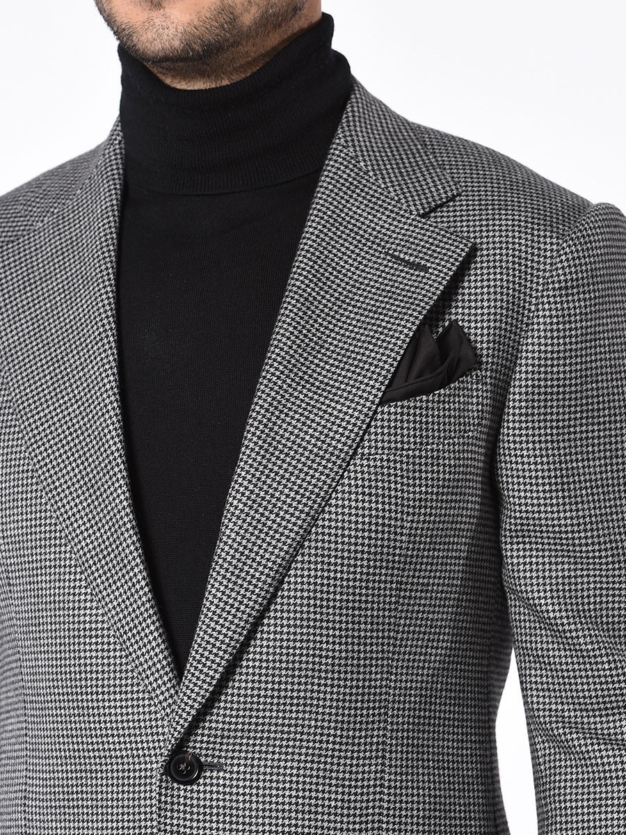 (product) Grey Houndstooth Signature Bespoke Sport Coat, lapel detail - custom suits nyc bespoke tailor midtown, noho