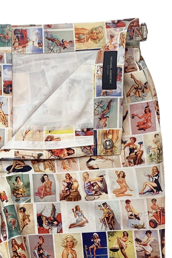 (product) Color Pinups Swim Shorts, close-up view - custom suits nyc bespoke tailor midtown, noho
