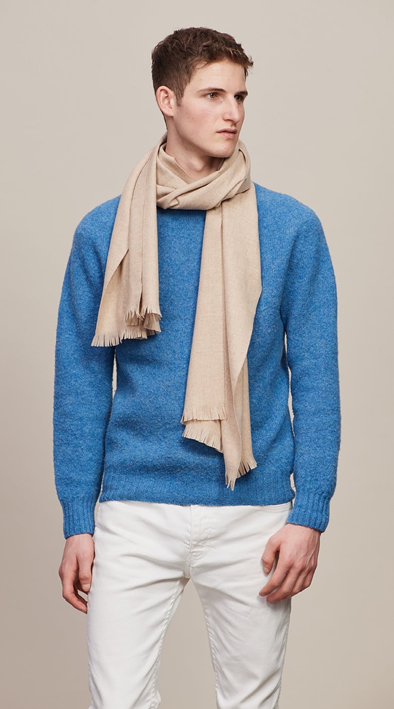 (product) Oatmeal Solid Lightweight Escorial Scarf worn by a model - custom suits nyc bespoke tailor midtown, noho