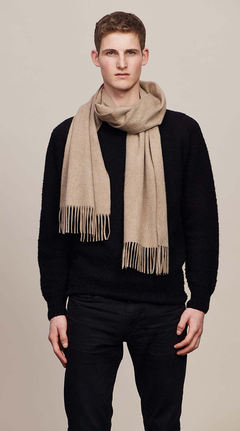 (product) Fawn Solid Wide Cashmere Scarf, Styled - custom suits nyc bespoke tailor midtown, noho