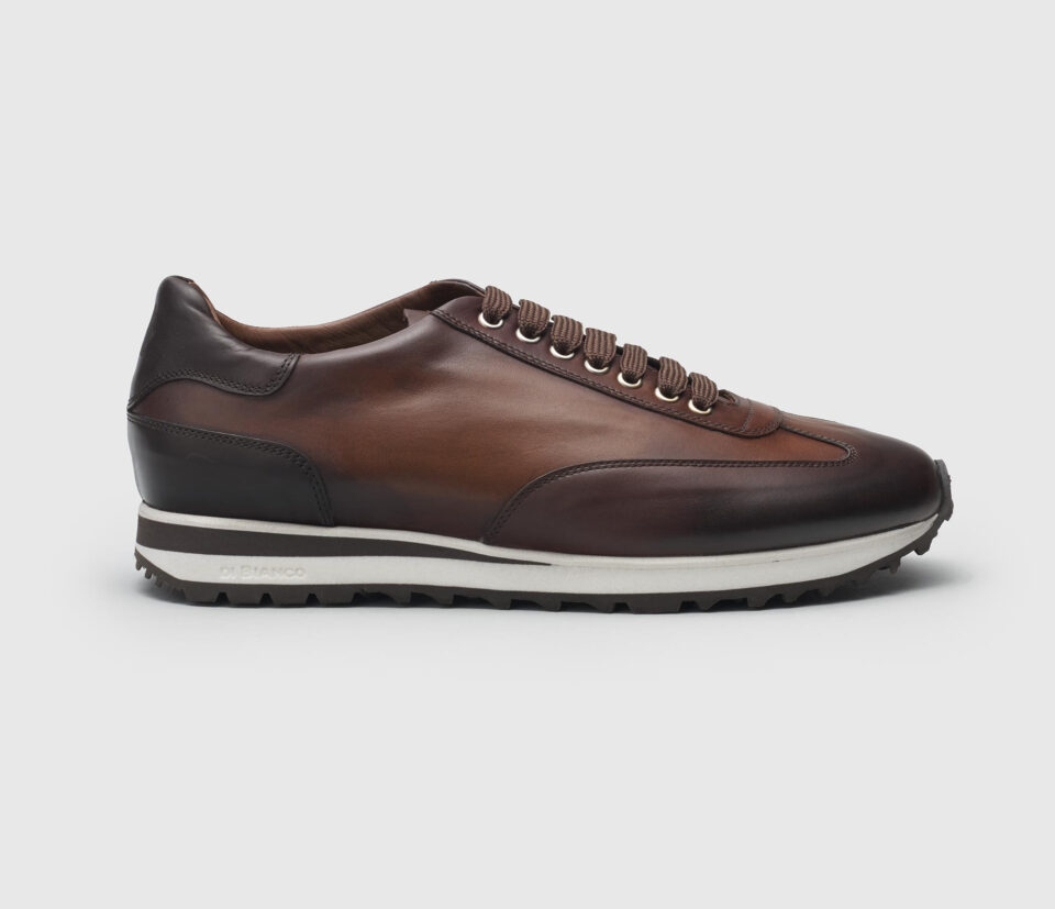 (product) Trieste Brown Leather Dress Sneakers, Single shoe side view - custom suits nyc bespoke tailor midtown, noho