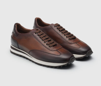 (product) Trieste Brown Leather Dress Sneakers, Front view of the pair - custom suits nyc bespoke tailor midtown, noho