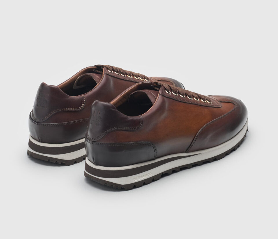 (product) Trieste Brown Leather Dress Sneakers, Angled pair view - custom suits nyc bespoke tailor midtown, noho
