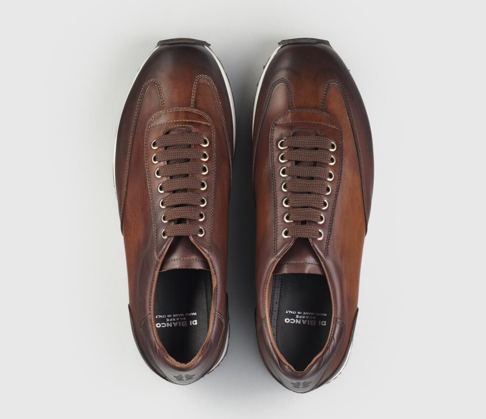(product) Trieste Brown Leather Dress Sneakers, Top view of the pair - custom suits nyc bespoke tailor midtown, noho