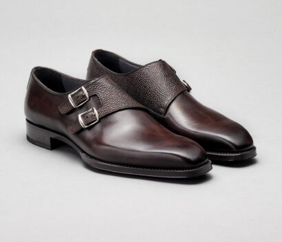 (product) Novara Nero Fondente Monk Strap, Angled pair view - custom suits nyc bespoke tailor midtown, noho