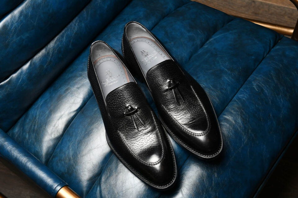 (product) Livorno Nero Italian Loafer, Top view of the pair - custom suits nyc bespoke tailor midtown, noho