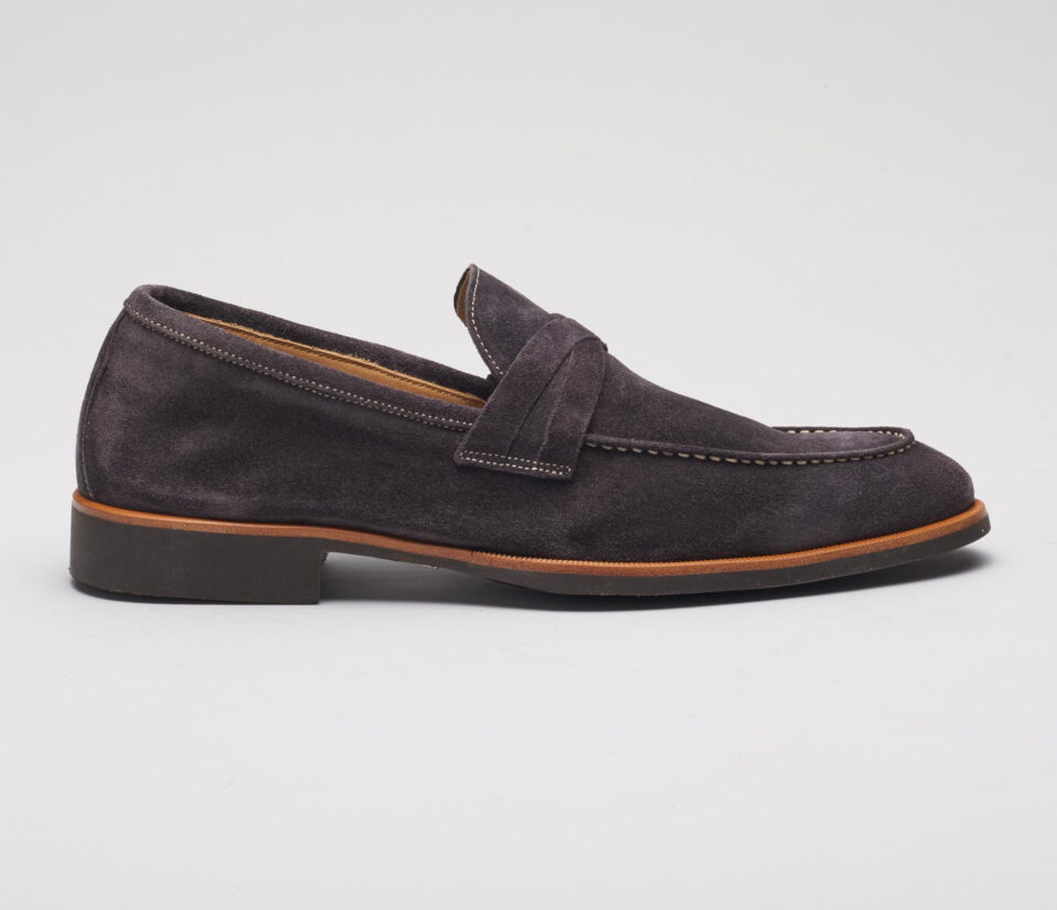(product) Firenze Lavagna Suede Loafer, Single shoe side view - custom suits nyc bespoke tailor midtown, noho