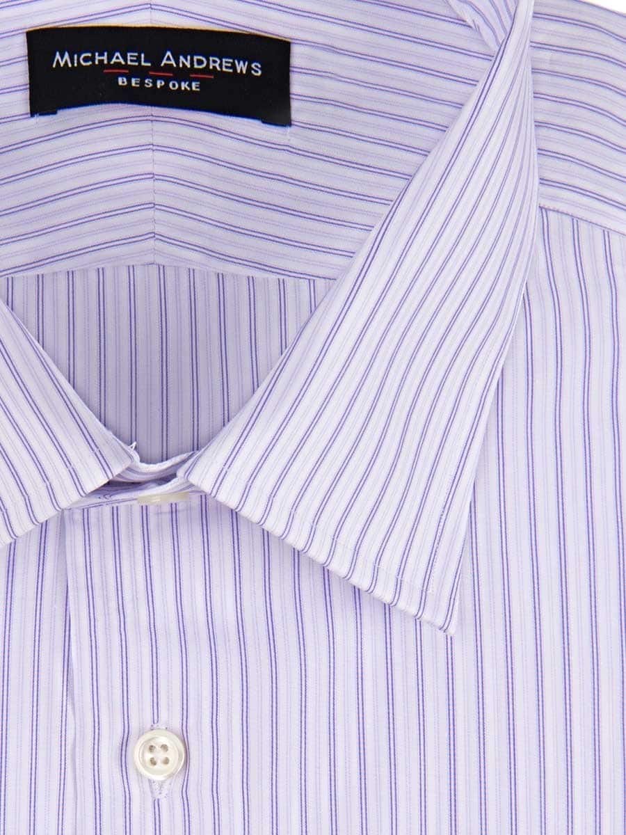 (product) Purple Thin Complex Stripe Traditional Collar Shirt, close-up view of the collar - custom suits nyc bespoke tailor midtown, noho