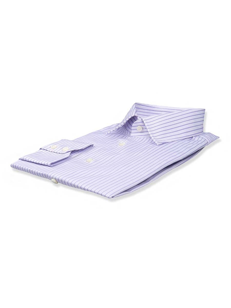 (product) Purple Thin Complex Stripe Traditional Collar Shirt, folded and displayed flat - custom suits nyc bespoke tailor midtown, noho