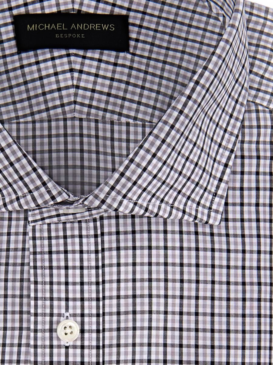 (product) Charcoal & Tattersall Spread Collar Shirt, close-up view - custom suits nyc bespoke tailor midtown, noho
