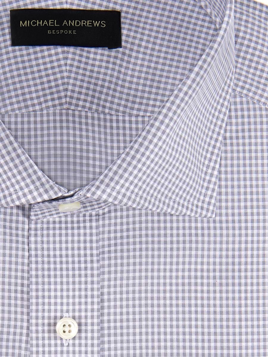 (product) Grey Textured Micro Gingham Spread Collar Shirt, close-up view of the collar - custom suits nyc bespoke tailor midtown, noho
